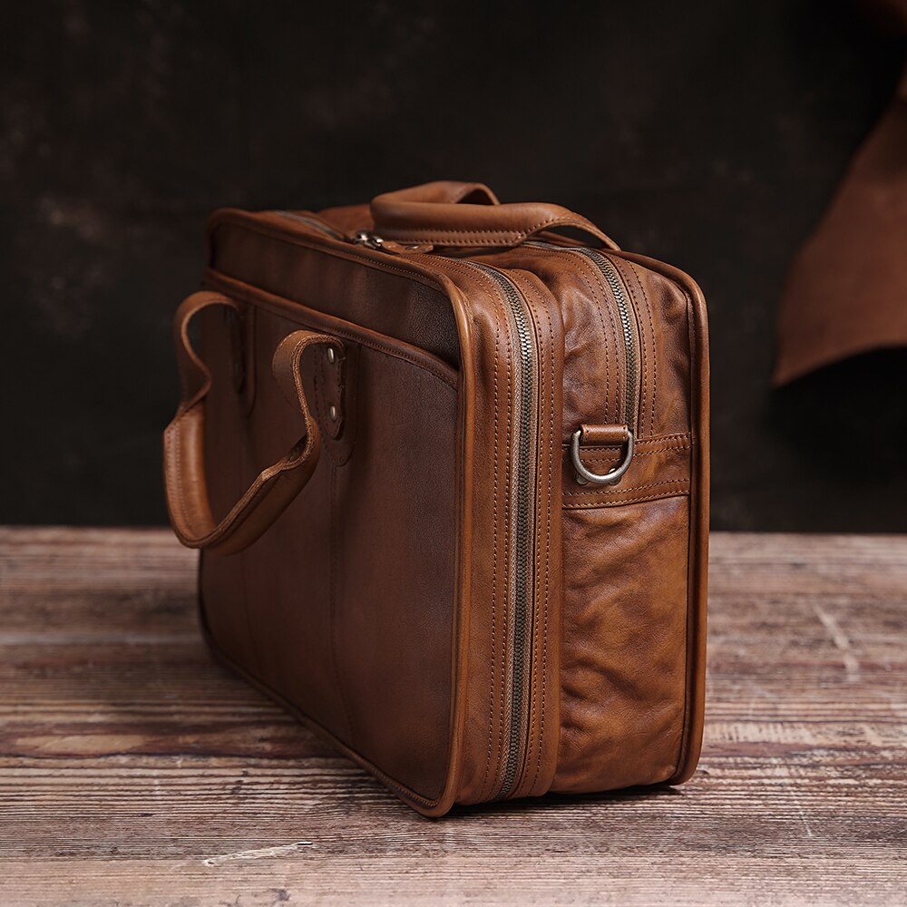 Business leather multi-compartment briefcase for men