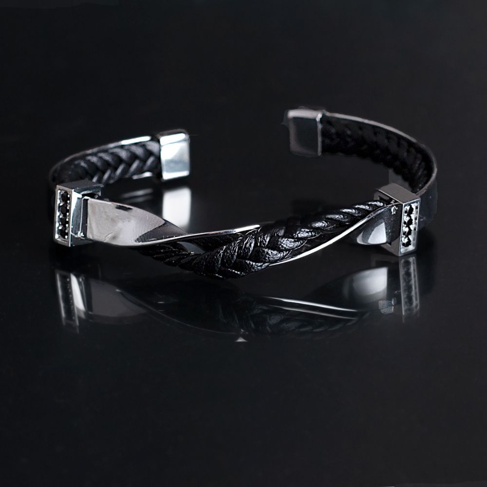 Stainless Steel & Leather Black Silver Cuff Luxury Bracelet for Men