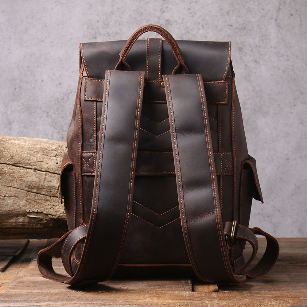 Full-Grain Leather Brown Retro 16-inch Laptop Unisex Backpack Manntara