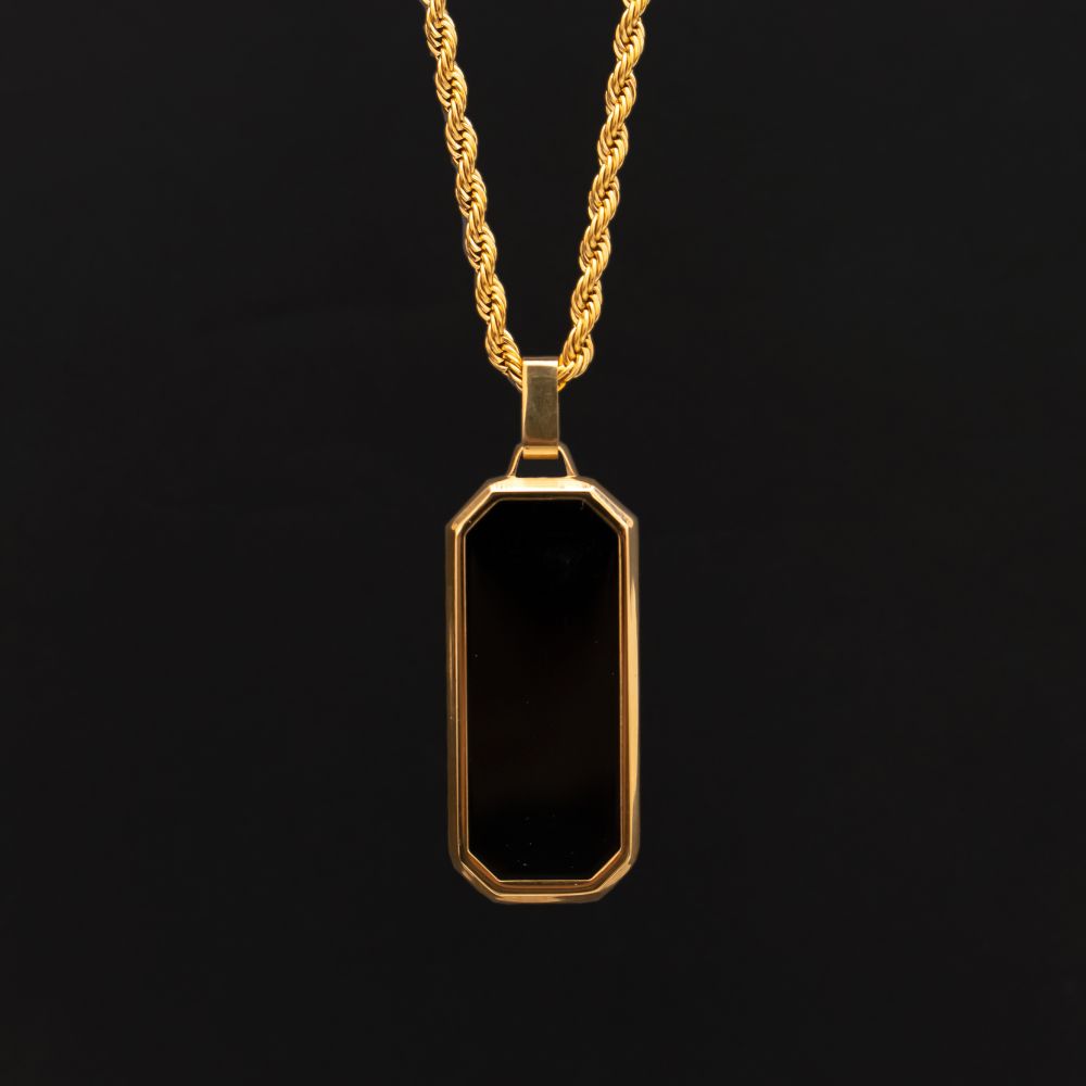 18K Gold Plated Black Onyx Rectangular Stainless Steel Men's Necklace Manntara