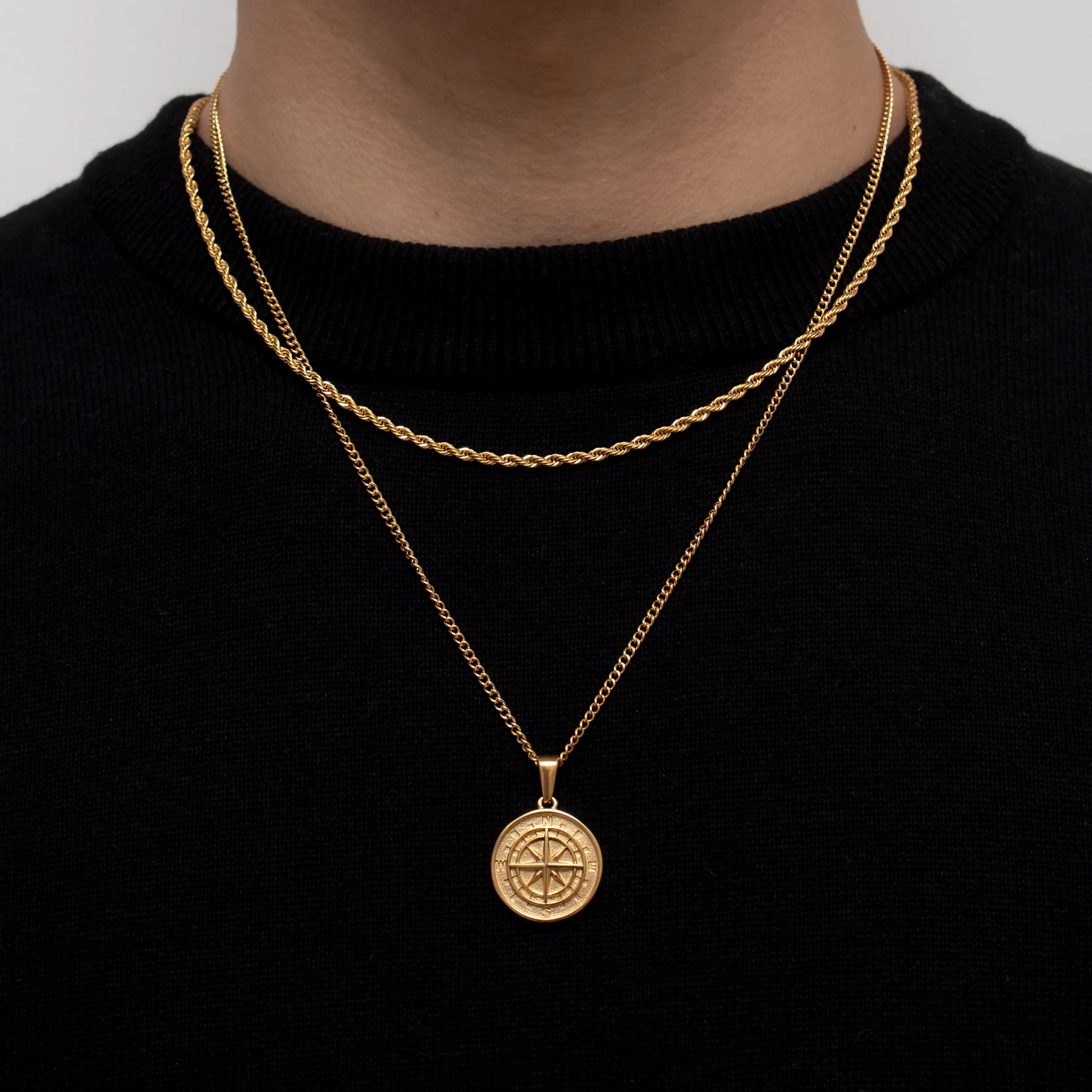 18K Gold Plated Compass Men's Pendant of Stainless Steel Manntara