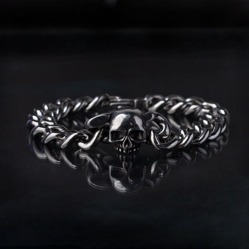 8 mm Cuban Link Gothic Skull Silver Bracelet of Stainless Steel Manntara