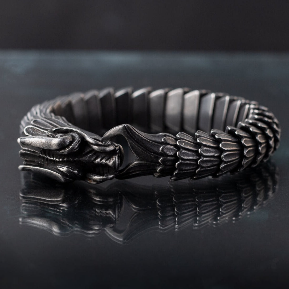 Black Stainless Steel Chunky Dragon Head Bracelet For Men Manntara