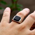 Black Agate Minimal Hexagonal Silver Men's Ring of Stainless Steel Manntara