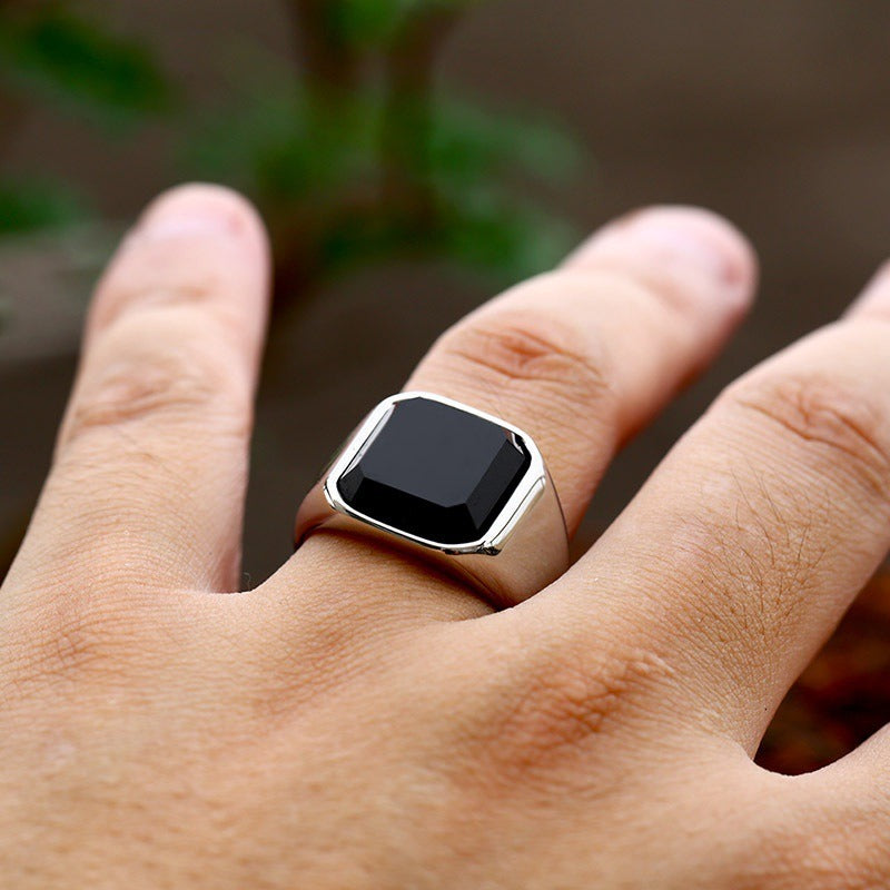 Black Agate Minimal Hexagonal Silver Men's Ring of Stainless Steel Manntara