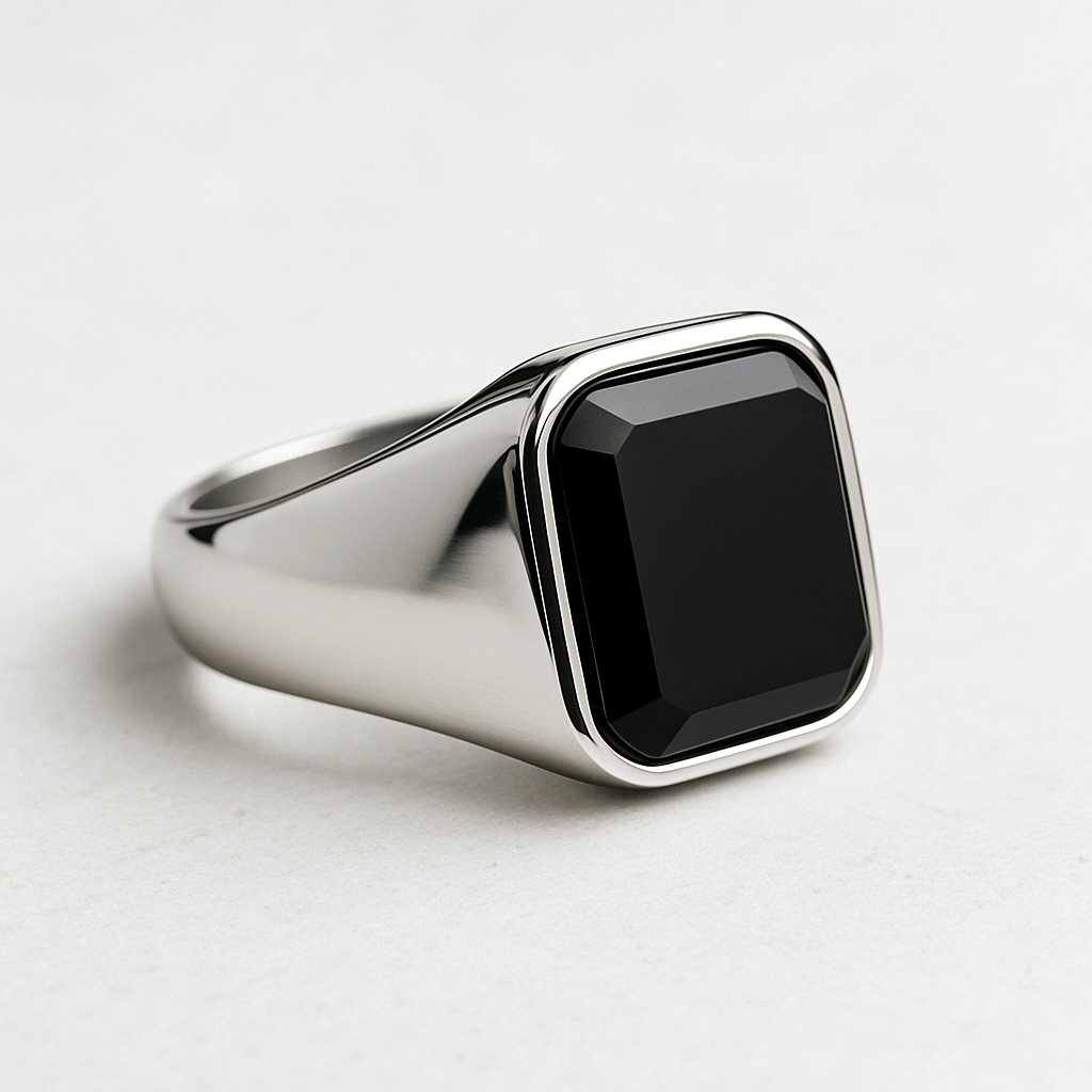 Men's Black Onyx Signet Ring - Silver Stainless Steel Hexagonal