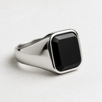 Black Agate Minimal Hexagonal Silver Men's Ring of Stainless Steel Manntara