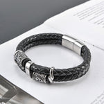 Black Genuine Leather Viking Runes Bracelet With Stainless Steel Clasp Manntara