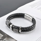 Black Genuine Leather Viking Runes Bracelet With Stainless Steel Clasp Manntara