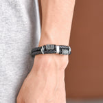 Black Genuine Leather Viking Runes Bracelet With Stainless Steel Clasp Manntara