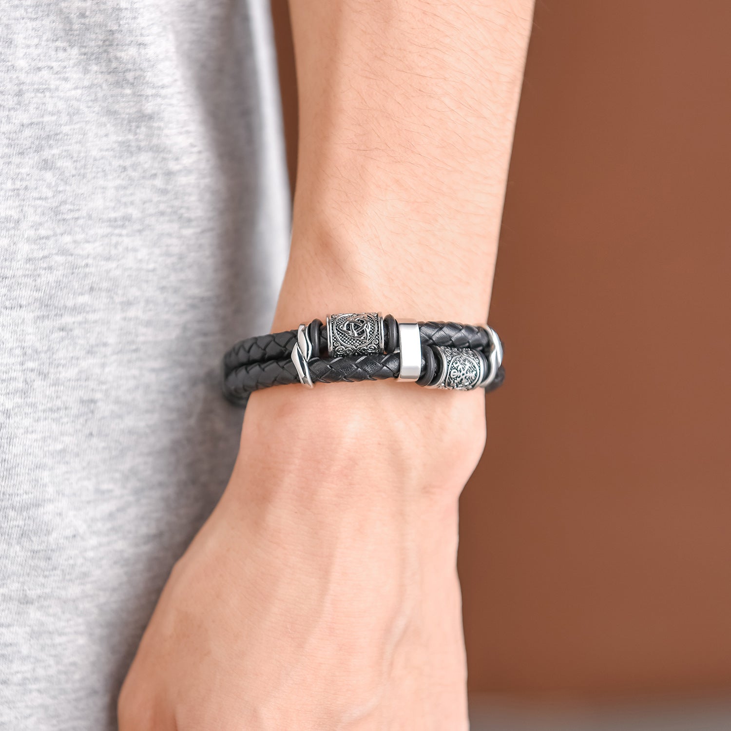 Black Genuine Leather Viking Runes Bracelet With Stainless Steel Clasp Manntara