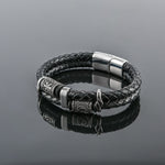 Black Genuine Leather Viking Runes Bracelet With Stainless Steel Clasp Manntara