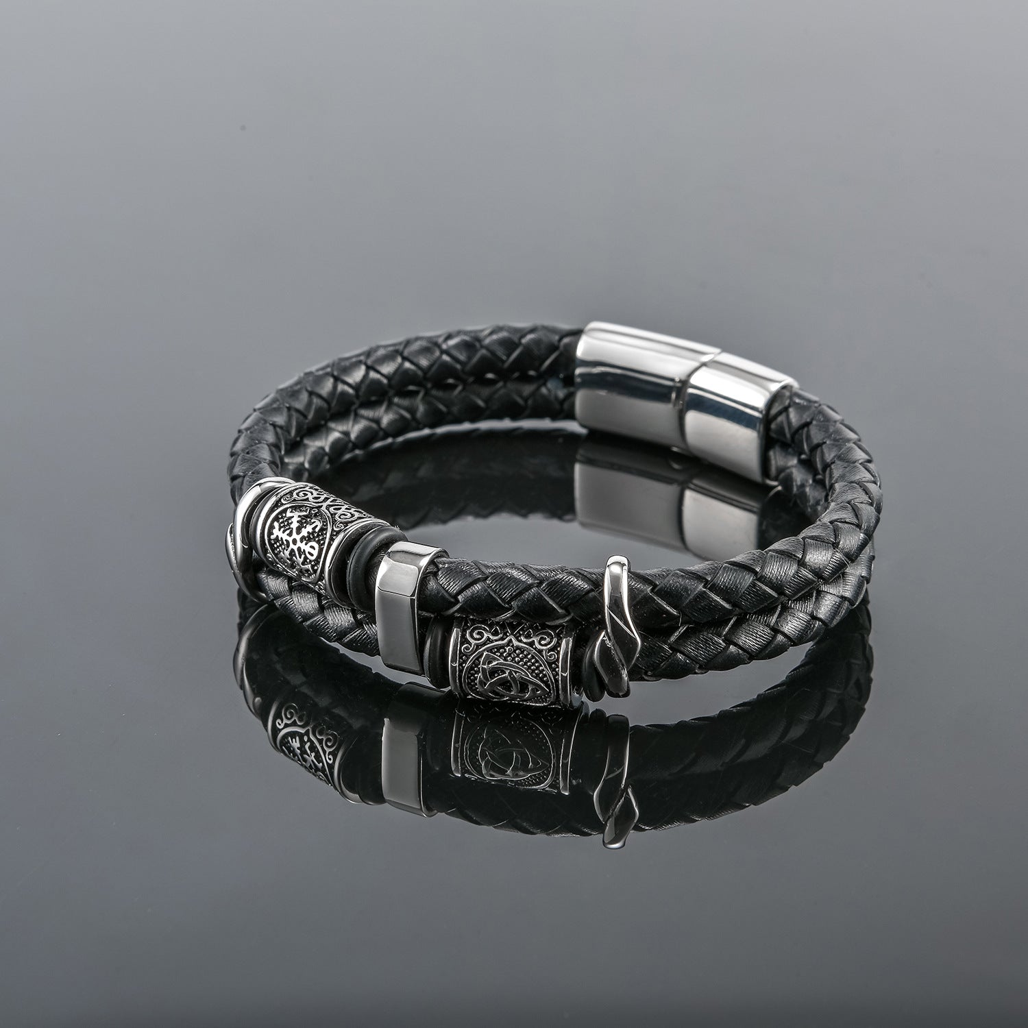 Black Genuine Leather Viking Runes Bracelet With Stainless Steel Clasp Manntara