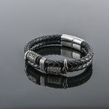 Black Genuine Leather Viking Runes Bracelet With Stainless Steel Clasp Manntara
