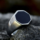 Black Onyx Minimal Hexagonal Silver Men's Ring of Stainless Steel Manntara