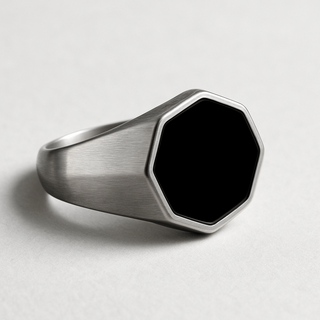 Black Onyx Minimal Hexagonal Silver Men's Ring of Stainless Steel Manntara