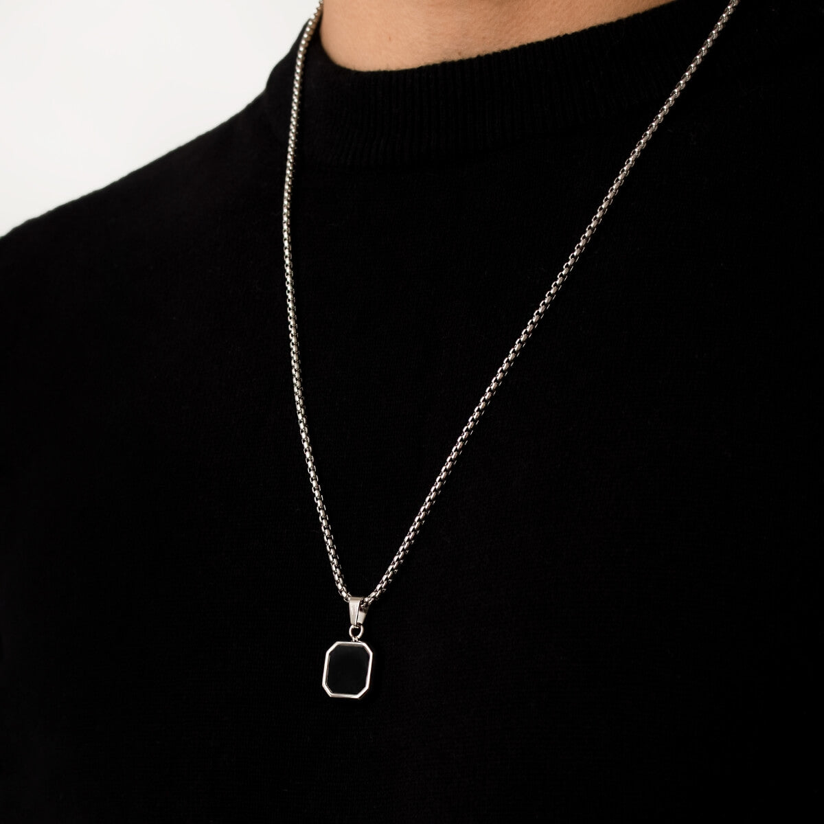 Black Onyx Silver Geometric Square Men's Necklace of Stainless Steel Manntara