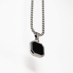 Black Onyx Silver Geometric Square Men's Necklace of Stainless Steel Manntara