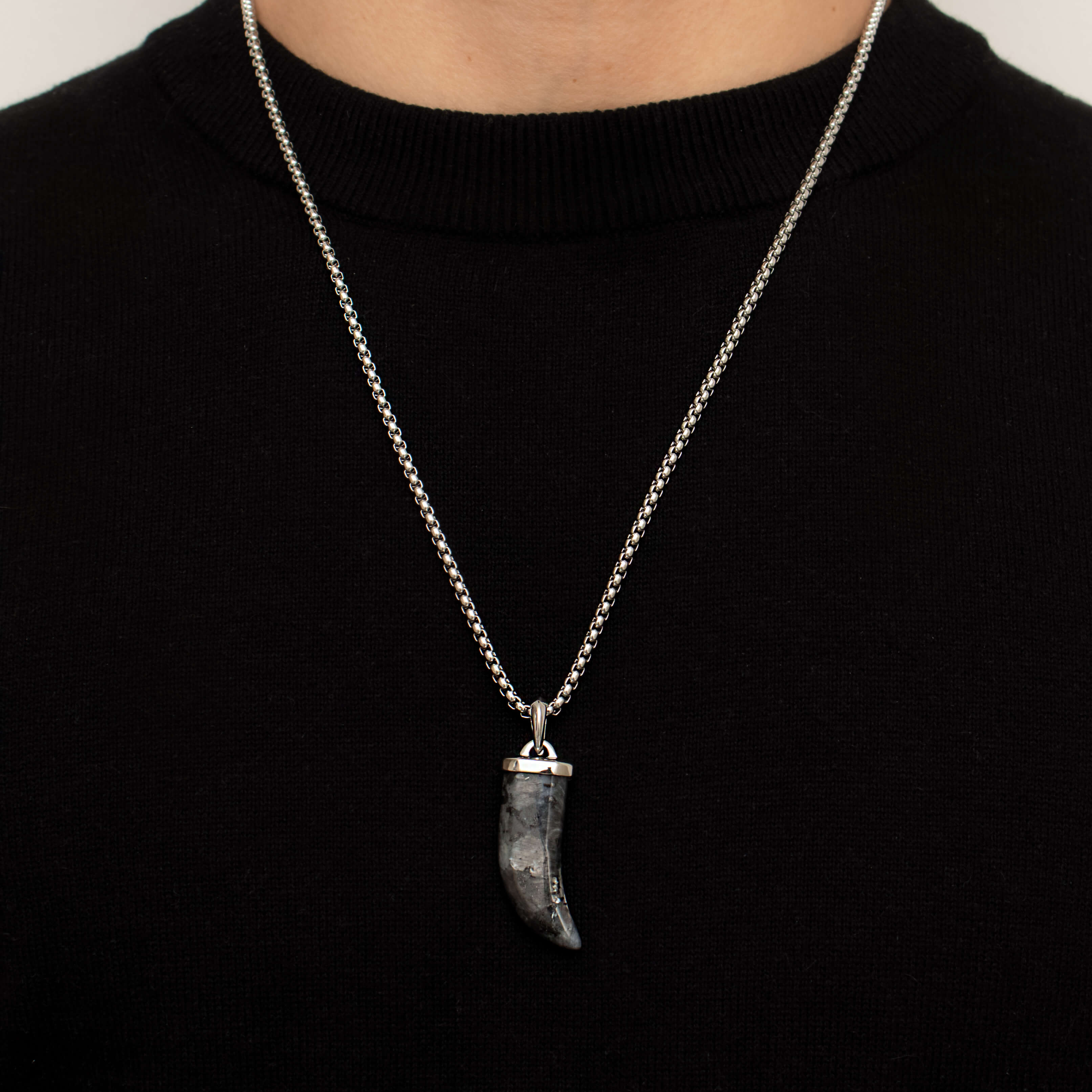 Black Spectrolite Fang Men's Necklace | Silver Stainless Steel Pendant Manntara