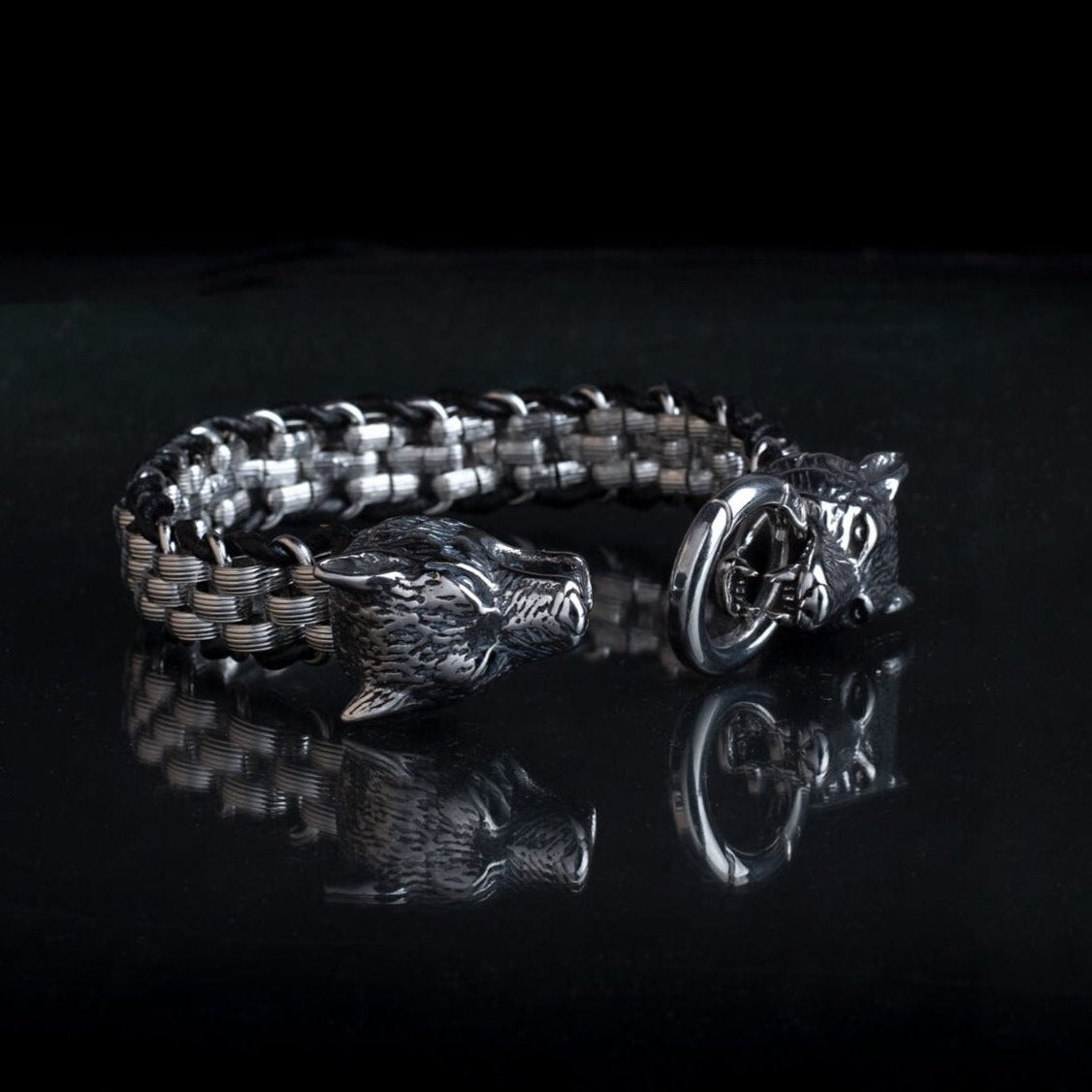 Braided Silver Stainless Steel Wolf Head Bracelet For Men Manntara