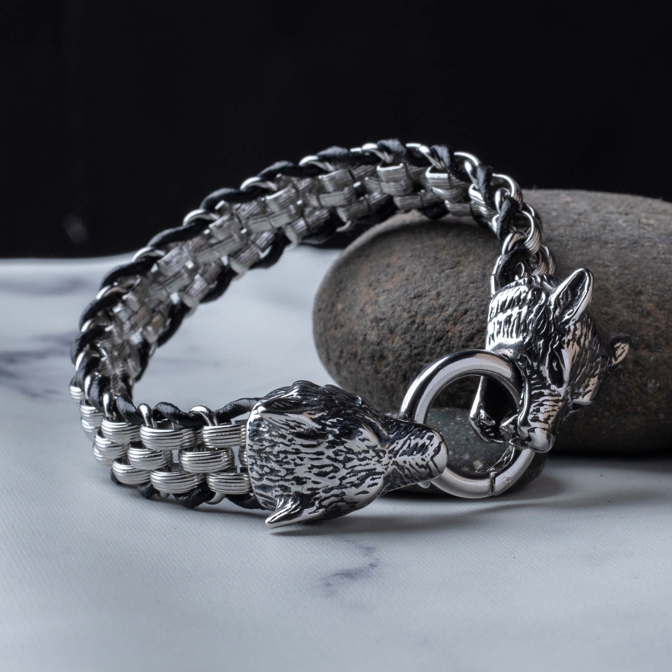 Braided Silver Stainless Steel Wolf Head Bracelet For Men Manntara