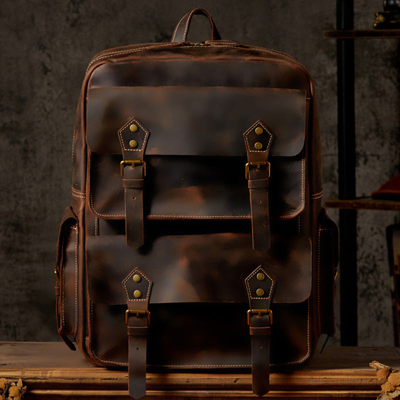 Brown Full-Grain Leather 18-inches Laptop Travel Men's Backpack Manntara