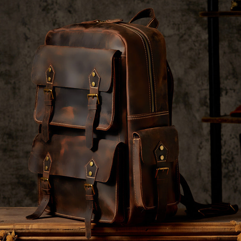 Brown Full-Grain Leather 18-inches Laptop Travel Men's Backpack Manntara