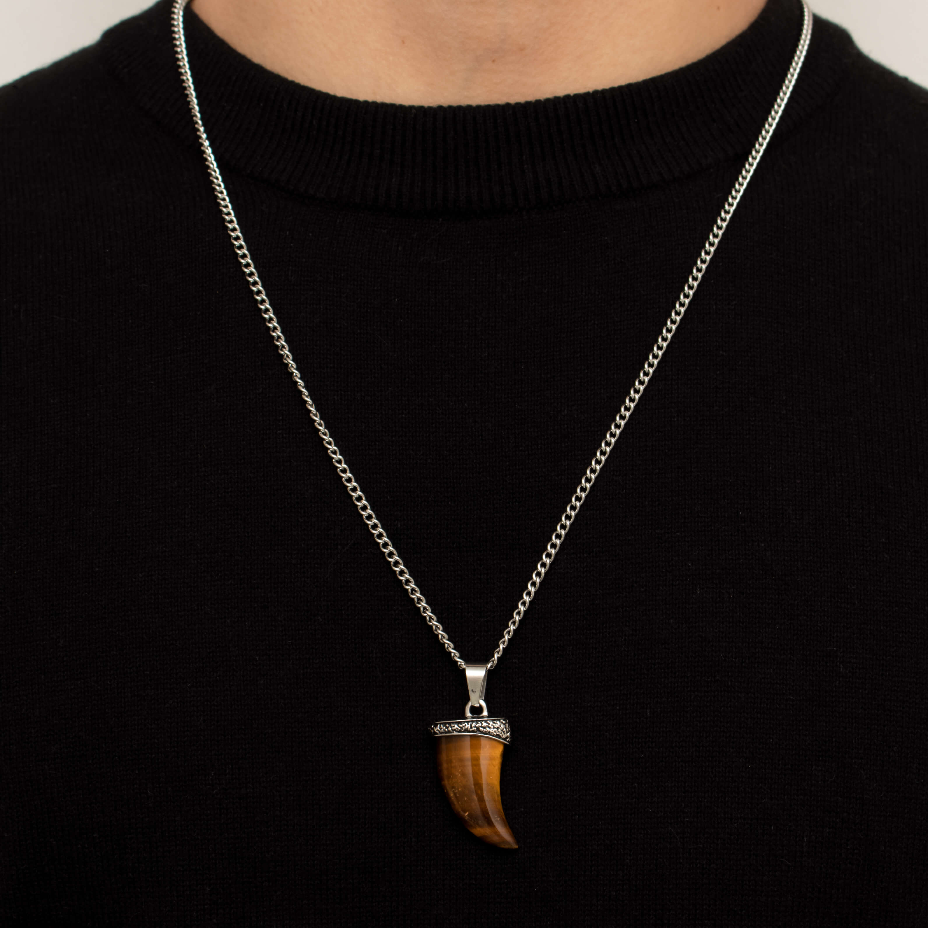 Brown Spectrolite Fang Men's Necklace | Silver Stainless Steel Pendant Manntara