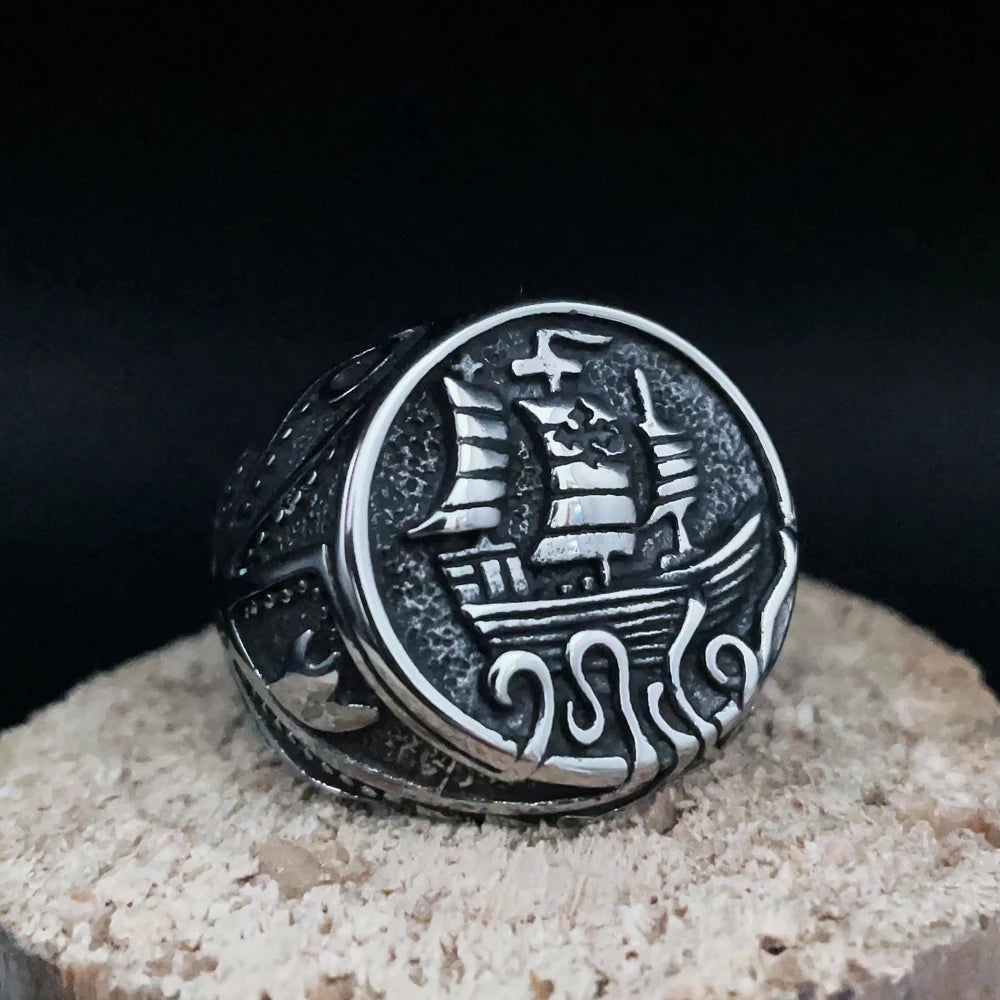 Silver Viking Drakkar Seafaring Ship Ring of Stainless Steel for Men Manntara