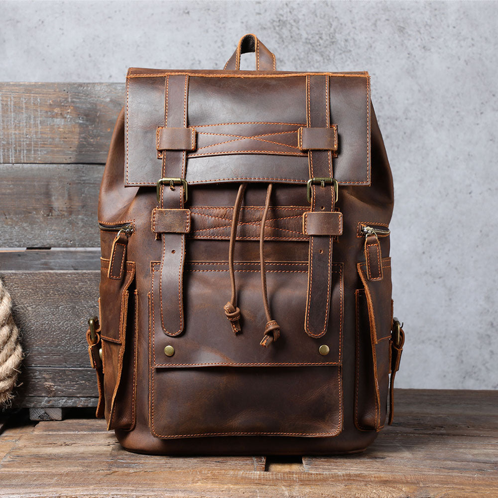 Dark Brown Genuine Full-Grain Leather 18-inches Laptop Travel Backpack Manntara
