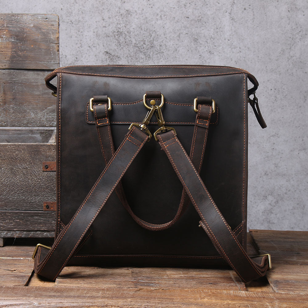 Dark Brown Genuine Full-Grain Leather 2 in 1 Men's Backpack Briefcase Manntara