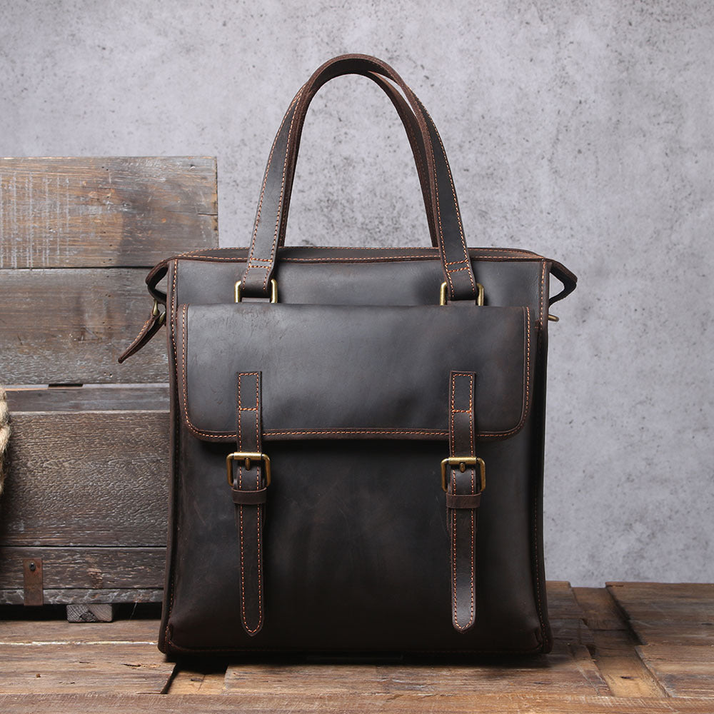 Dark Brown Genuine Full-Grain Leather 2 in 1 Men's Backpack Briefcase Manntara