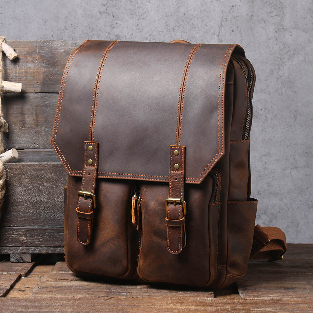 Full-Grain Leather Brown Casual Backpack for Men Manntara
