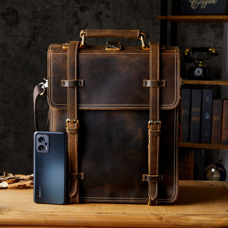 Full-Grain Leather Cowhide Brown Retro Backpack for Men Manntara