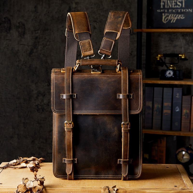Full-Grain Leather Cowhide Brown Retro Backpack for Men Manntara