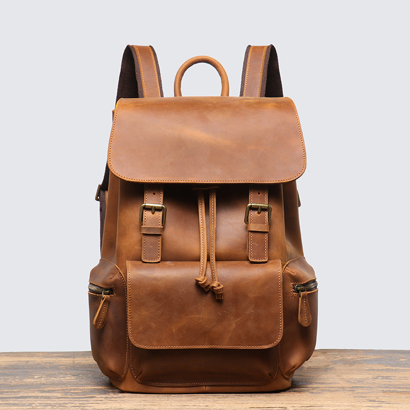 Full-Grain Leather Light Brown Orange Laptop Unisex Backpack Manntara