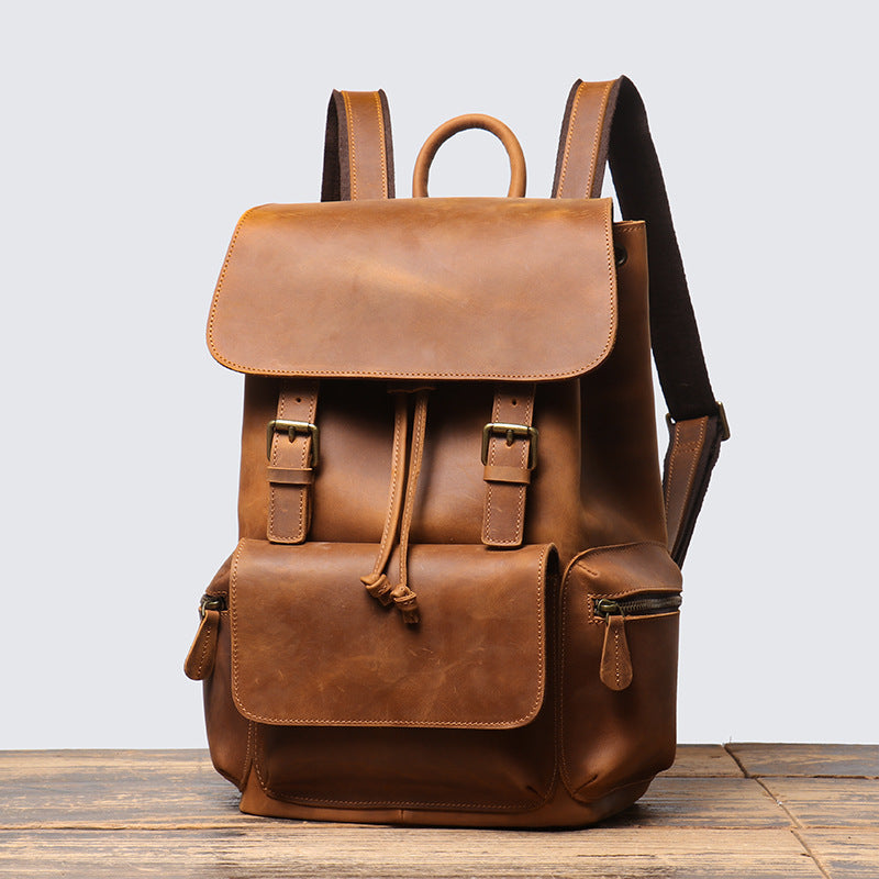 Full-Grain Leather Light Brown Orange Laptop Unisex Backpack Manntara