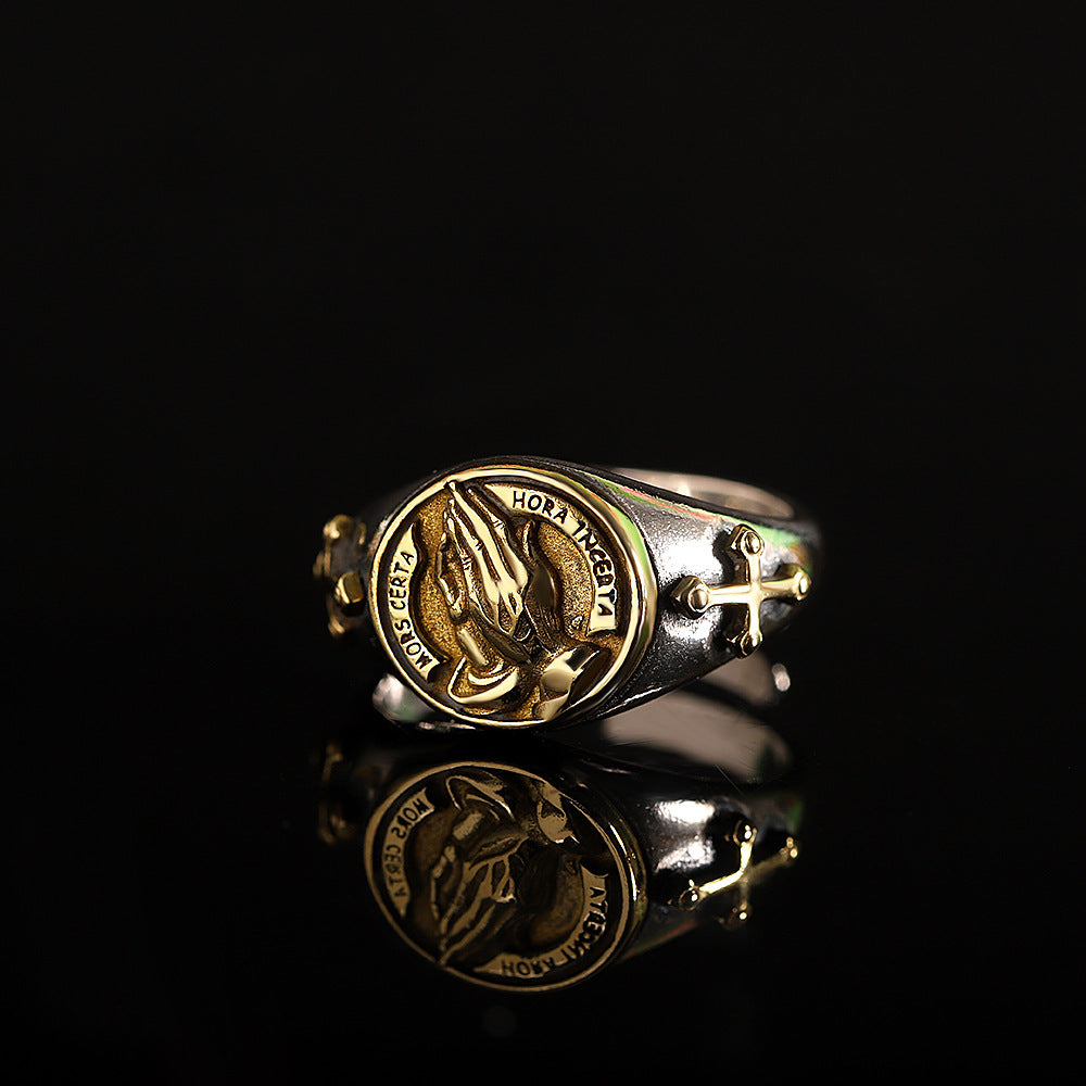 Golden Catholic Praying Hands S925 Silver Adjustable Ring For Men Manntara