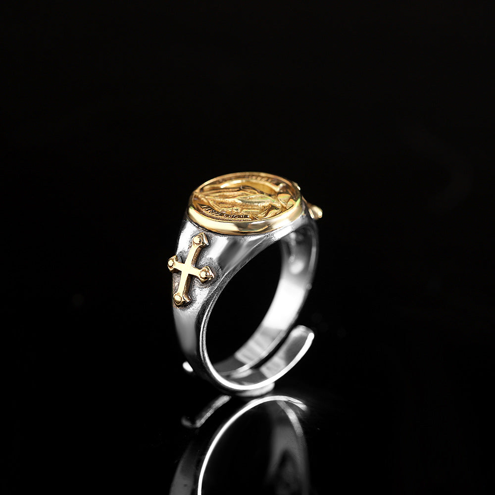 Golden Catholic Praying Hands S925 Silver Adjustable Ring For Men Manntara
