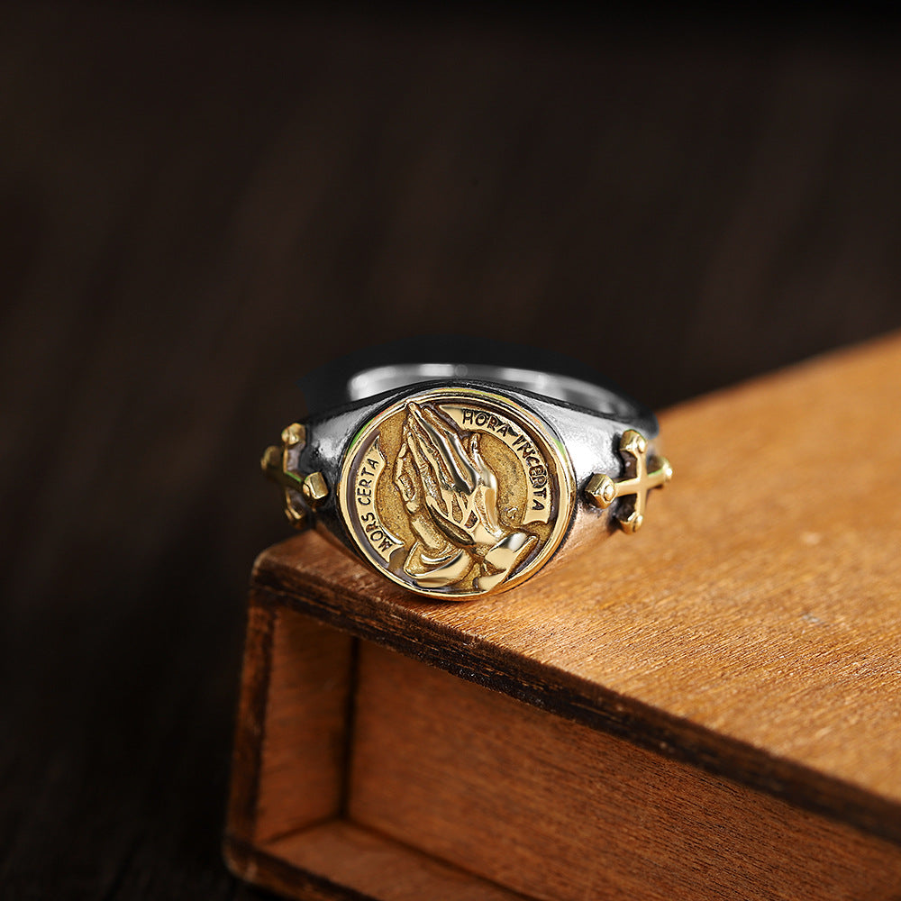 Golden Catholic Praying Hands S925 Silver Adjustable Ring For Men Manntara