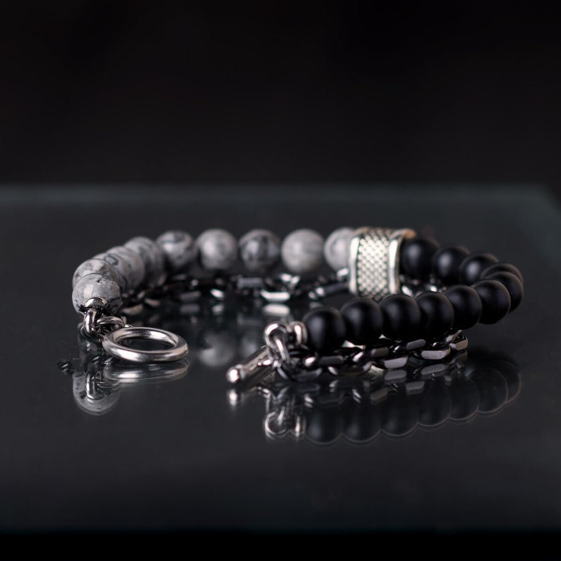 Men's Black & Silver Beads Bracelet With Chain Manntara
