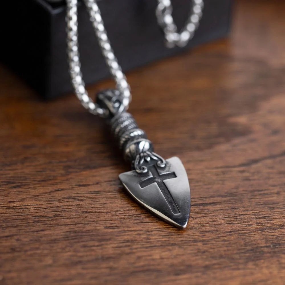 Men's Stainless Steel Catholic Heart & Cross Arrow Silver Necklace Manntara