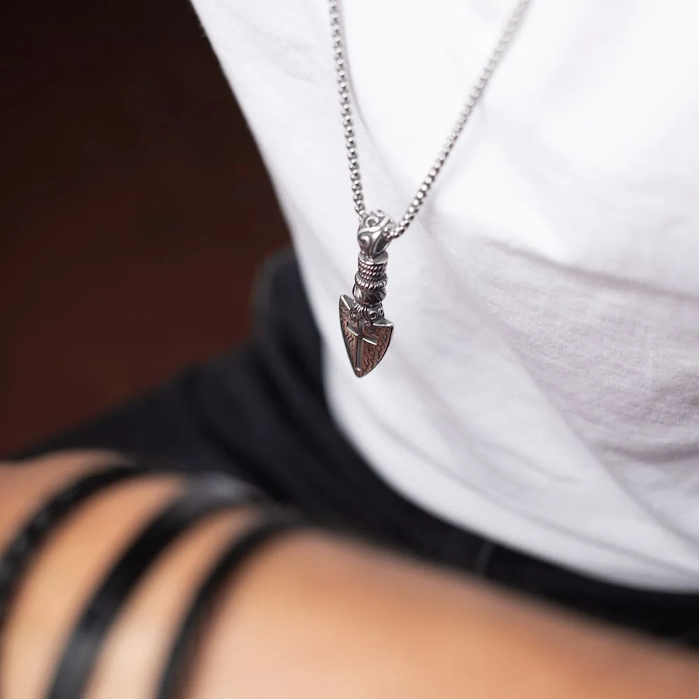 Men's Stainless Steel Catholic Heart & Cross Arrow Silver Necklace Manntara