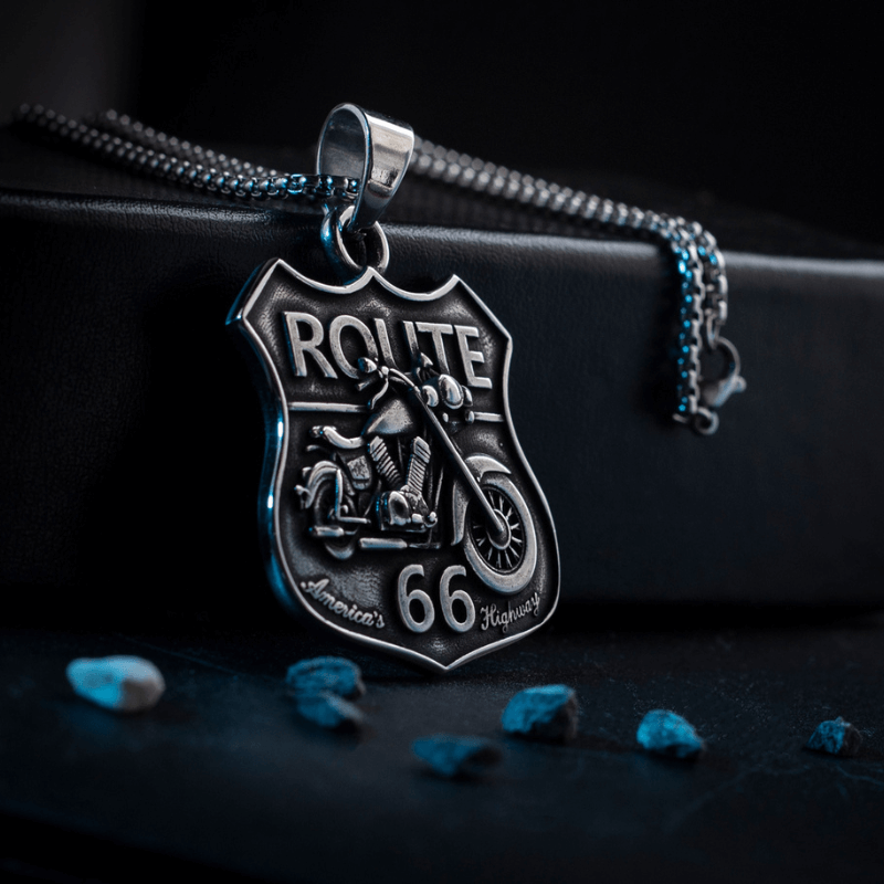 Men's Route 66 Biker Necklace of Silver Stainless Steel Manntara