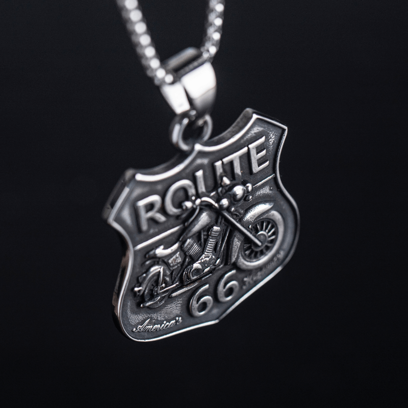 Men's Route 66 Biker Necklace of Silver Stainless Steel Manntara