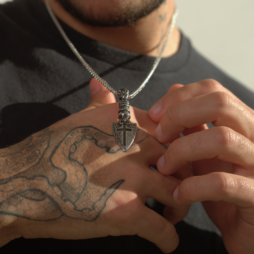 Men's Stainless Steel Catholic Heart & Cross Arrow Silver Necklace Manntara