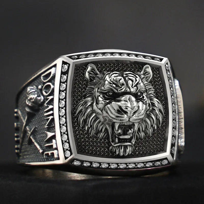 S925 Golden-Silver Chinese Tiger Biker Gothic Ring For Men