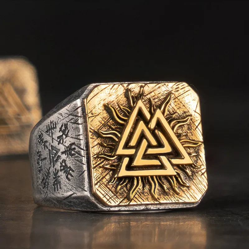 S925 Silver Ancient Knot Valknut Runes Golden-Silver Ring For Men