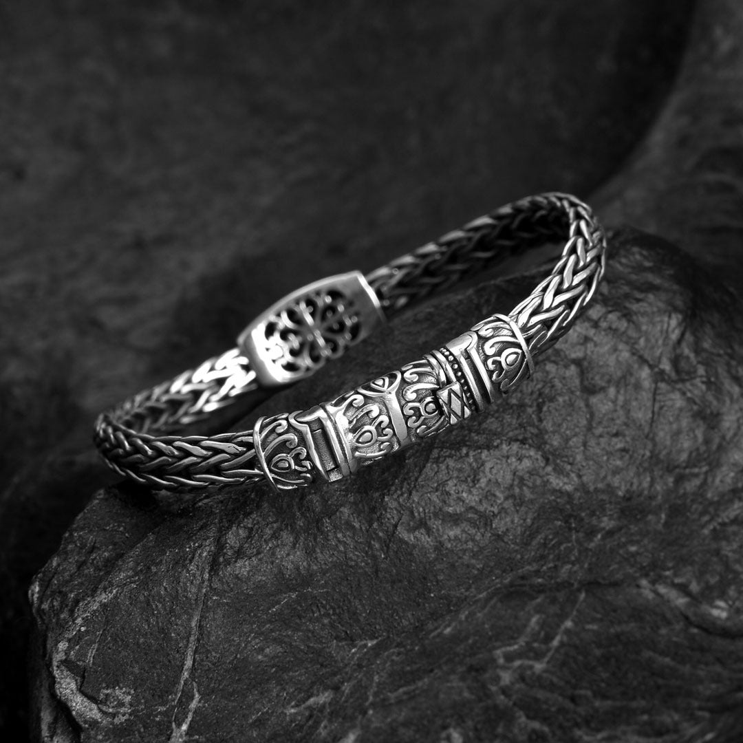 S925 Silver Antique Black Gemstone Casual Braided Bracelet for Men Manntara