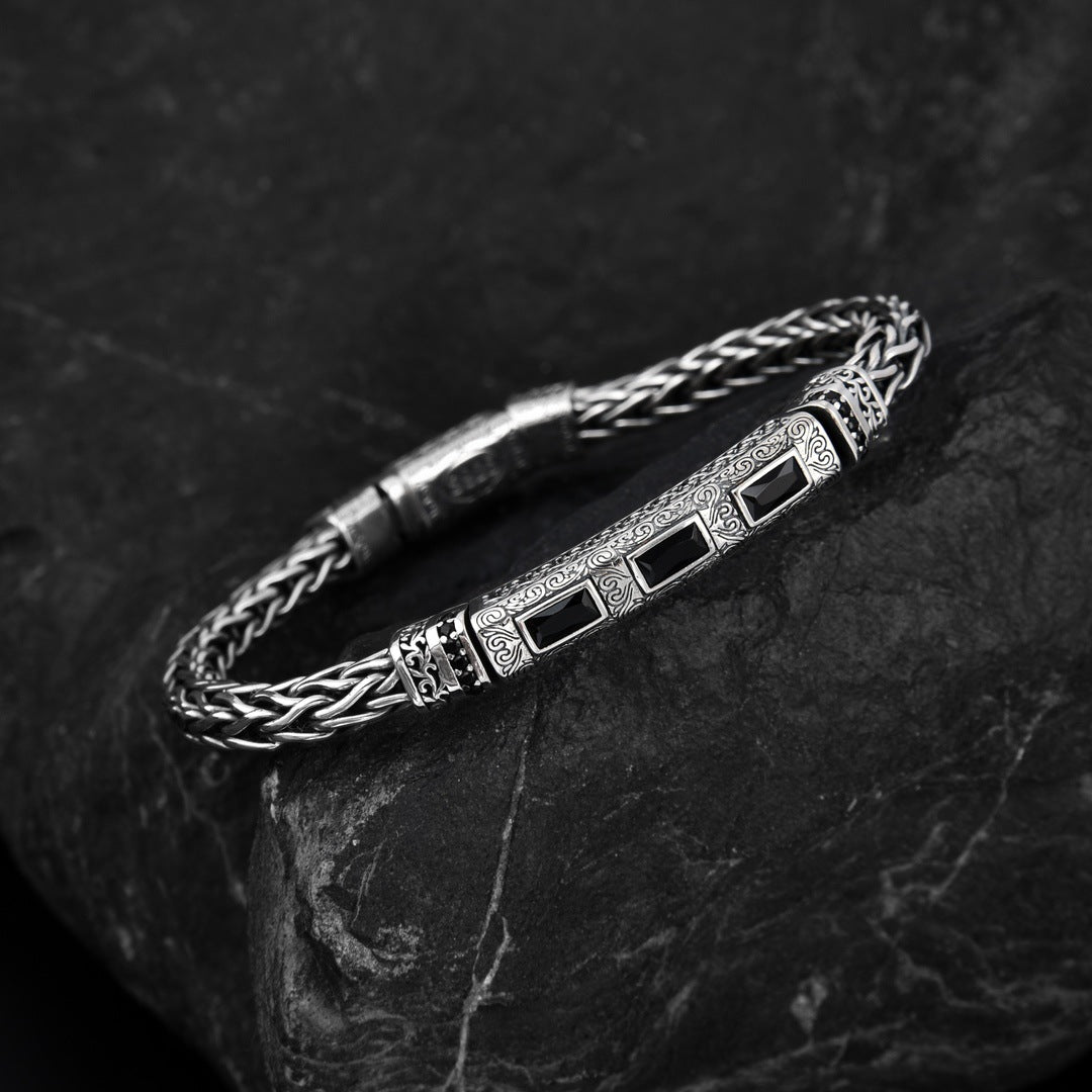 S925 Silver Black Gemstone Casual Braided Bracelet for Men Manntara